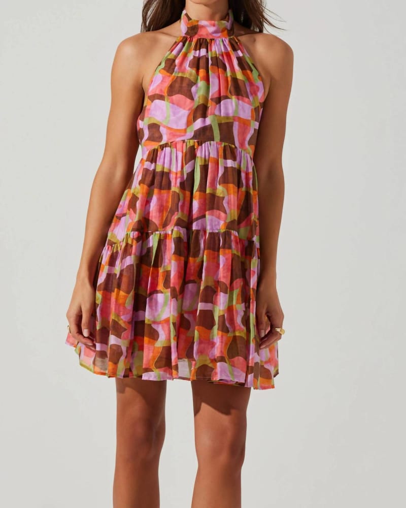 Front of a model wearing a size LARGE Joetta Mini Dress In Red/Brown Multi in Red/Brown Multi by ASTR. | dia_product_style_image_id:359391
